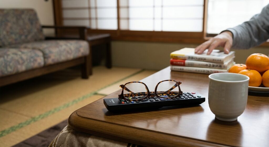 こたつの上に眼鏡とリモコンがおかれた写真