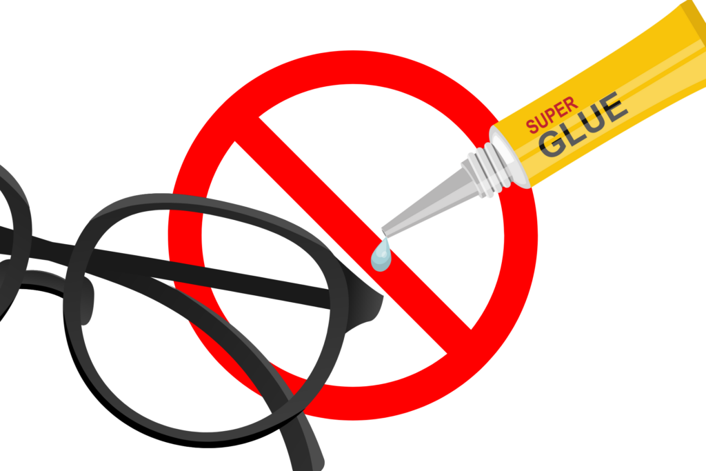 眼鏡に接着剤はNGを表している画像