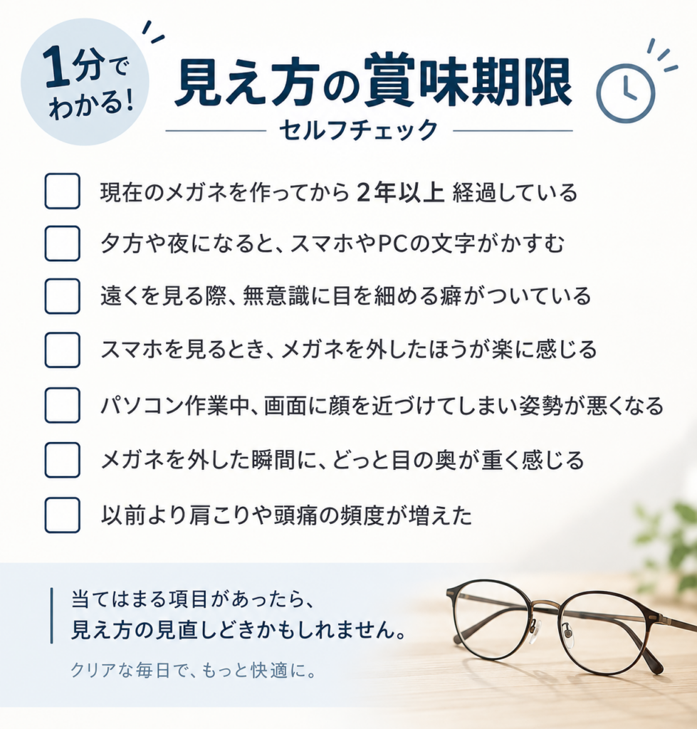 ・現在のメガネを作ってから2年以上経過している
・夕方や夜になると、スマホやPCの文字がかすむ
・遠くを見る際、無意識に目を細める癖がついている
・スマホを見るとき、メガネを外したほうが楽に感じる
・パソコン作業中、画面に顔を近づけてしまい姿勢が悪くなる
・メガネを外した瞬間に、どっと目の奥が重く感じる
・以前より肩こりや頭痛の頻度が増えた